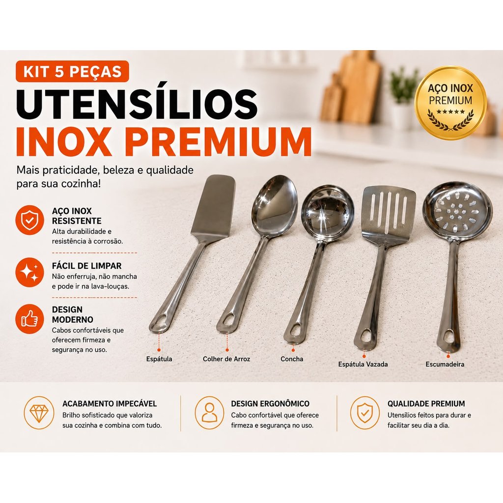 Kit 5 Utensílios de Cozinha em Aço Inox Colher de Arroz + Concha + Espatula Vazada + Escumadeira + Espatula