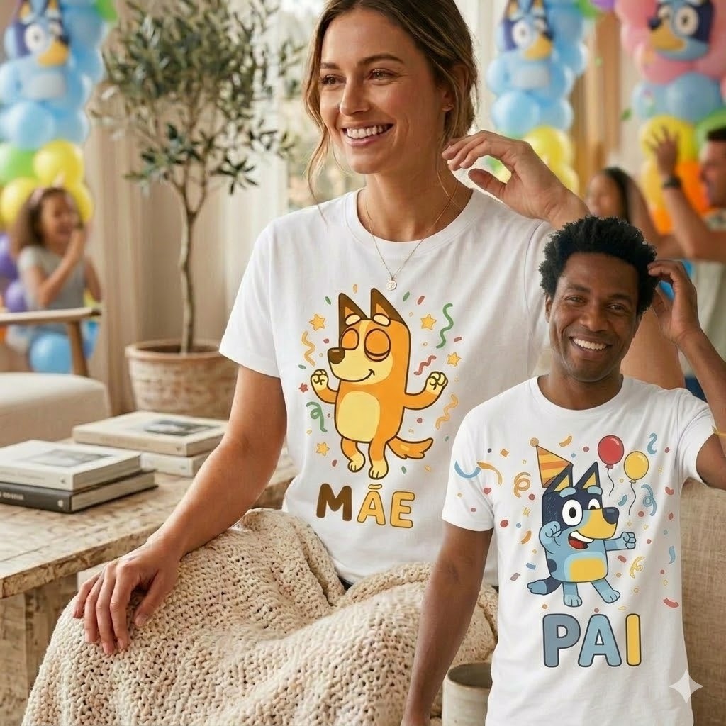 Kit 2 Camisetas Família Bluey e Bingo Branca 100% Algodão - Blusa Pai e Mãe para Festa e Aniversário Premium