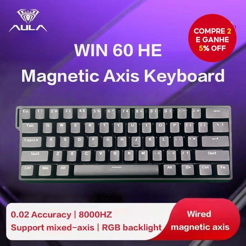 Teclado Mecânico Magnético de Eixo com Fio Preto AULA Win 60HE - Personalização DIY, para jogos FPS, RGB