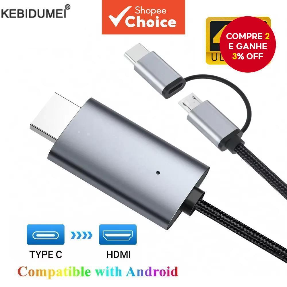 Cabo HD Tipo C/Micro USB para HDMI compatível com dongle de streaming de TV para celular Android e tablet em HD para