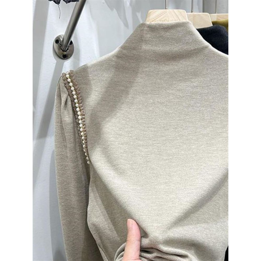 Elegante meia gola alta pérola frisado manga comprida camiseta feminina 2022 outono inverno novo estilo manga Puff alemã
