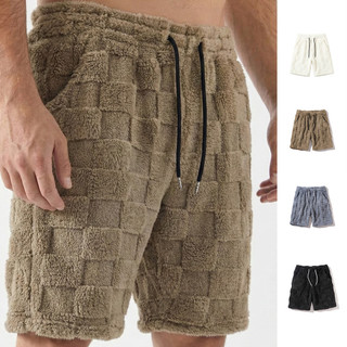 Estilo americano masculino na moda em linha reta peludo calças cortadas cintura elástica xadrez único quente esportes ca