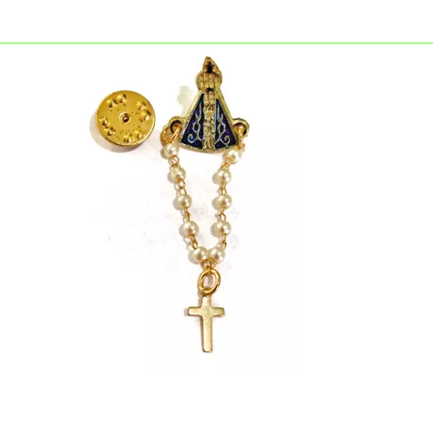 12 Broche Boton Nossa Senhora Aparecida C/ Mini Terço Perola
