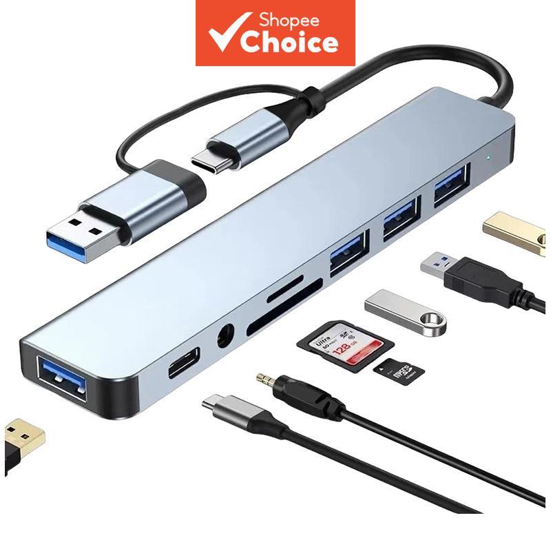 Estação de acoplamento de 8 em 2 com hub USB 3.0 e USB-C, leitor de cartões TF/SD e saída de áudio de 3,5 mm para