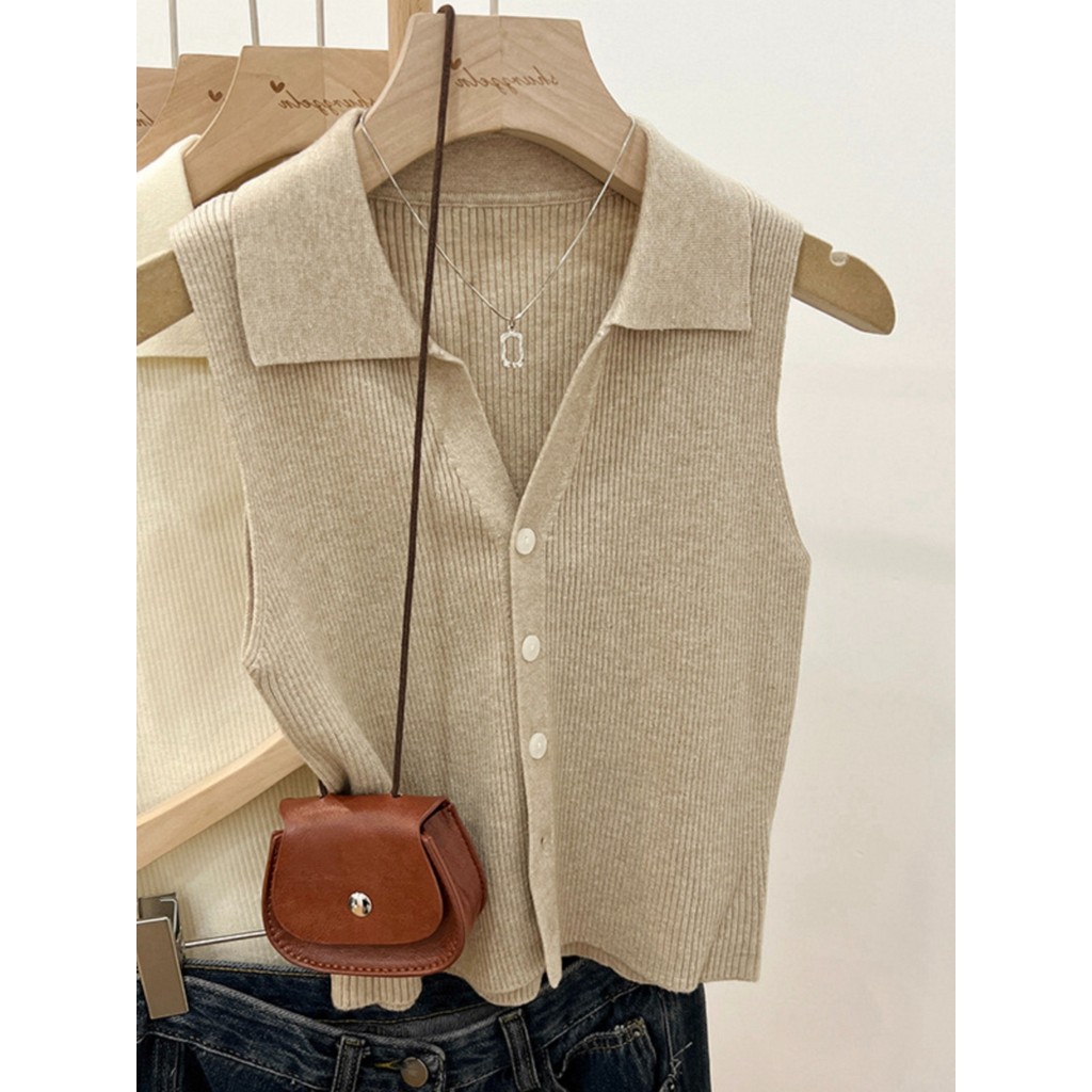 Polo lapela estilo fino fino-ajuste camisola exterior usar colete feminino verão wear gelo seda malha colete sem mangas