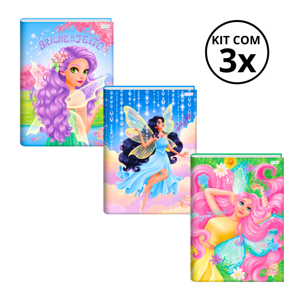 Kit Com 03 Cadernos Brochura 80 Folhas Fada - Jandaia CAPA:Roxo/Azul/Rosa