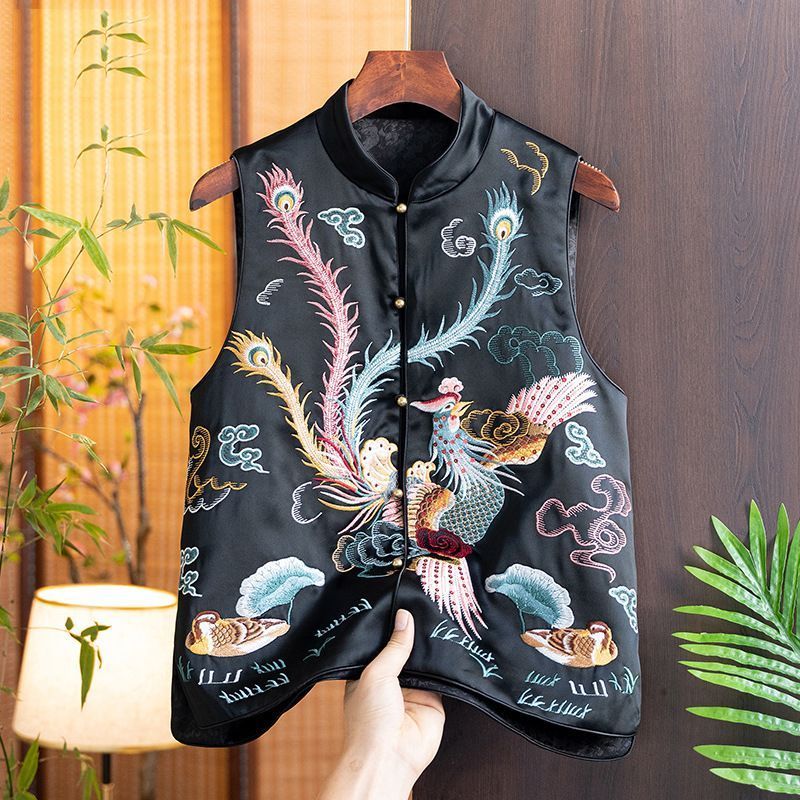 Luxurious and elegant satin imitation acetate vest for women, 2023 spring, Chinese style retro embroidered stand-up coll
