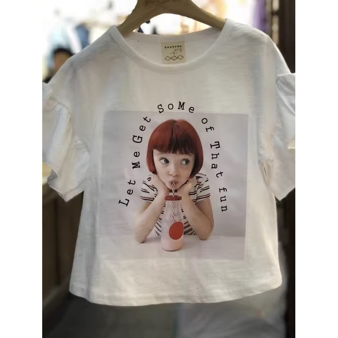 Camiseta importada coreana para meninas, estilo verão, crianças, babados, manga curta, elegante, estampada para meninas