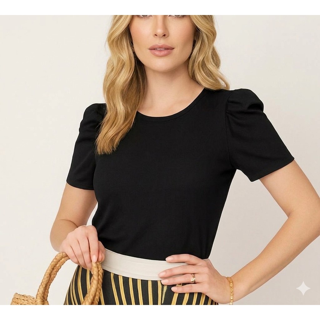 blusa feminina gola rasa manga curta princesa canelada elastano perfeito top exclusiva