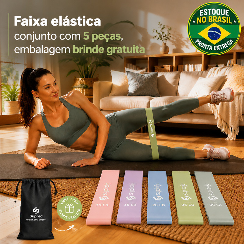 Kit 5 Faixas Elásticas de Resistência Loop Academia Fitness Treino Glúteos Pernas Yoga Pilates com Bolsa Supreo