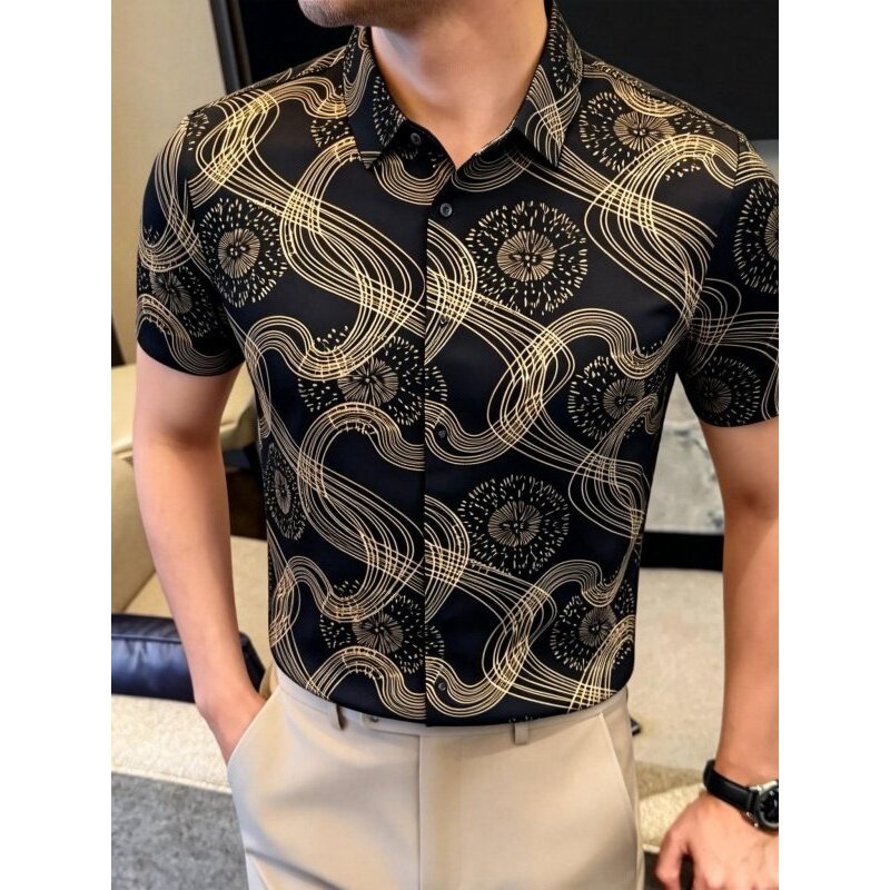 Camisa masculina estampada de manga curta verão fina luz estilo luxo rufião bonito High-End na moda magro-ajuste camisa 