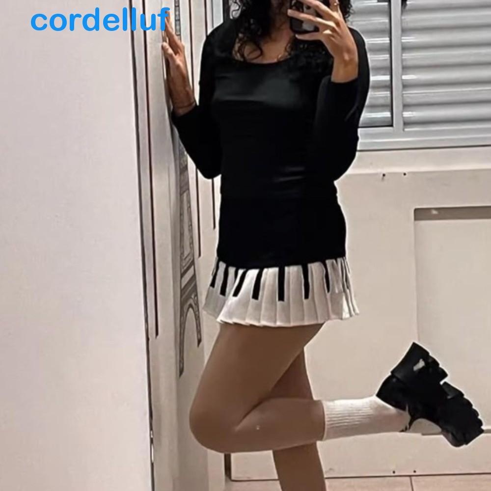 Saia De Piano CORDELLUF , Plissada De Teclado Estilo Coreano Fino , Vestido JK De Emenda Preto E Branco Curta