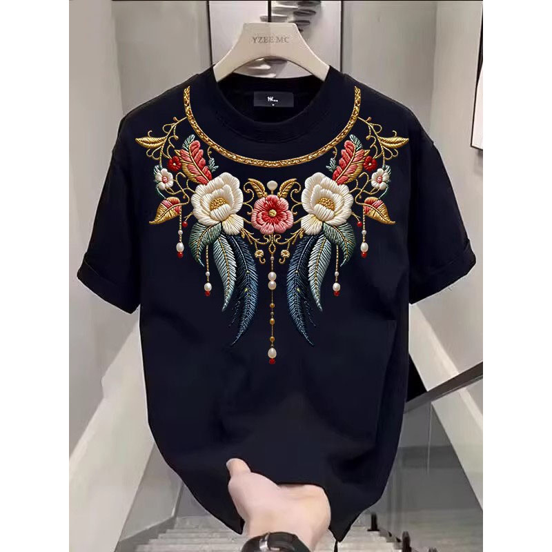 Tamanho Extra grande 150kg imitação bordado impresso puro algodão de manga curta camiseta das mulheres dos homens verão 