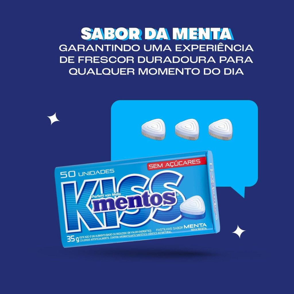 Kit 3 Pastilhas Mentos Kiss Menta Lata Azul Sem Açúcar 35g/cada - 50 unidades — imagem 2 de 2