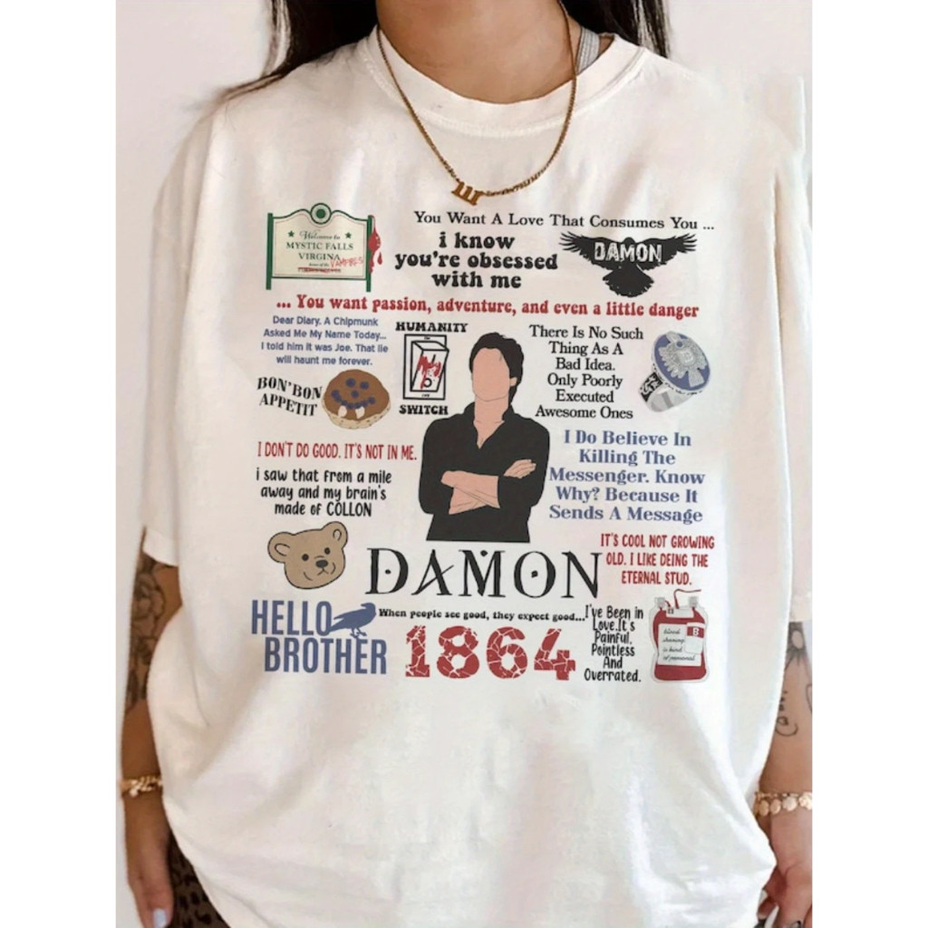 [Camiseta Premium em Algodão Puro]BOW Camiseta OVERSIZED The Vampire Diaries Damon Hello Brother Serie Geek Cute Unissex