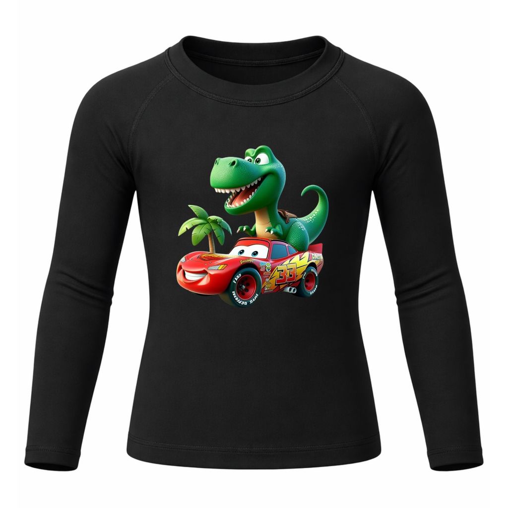 Camiseta Térmica Relâmpago Mcquenn Correndo Com O Tiranossauro Rex Juvenil Infantil Proteção Solar Uv 50+ Estampada