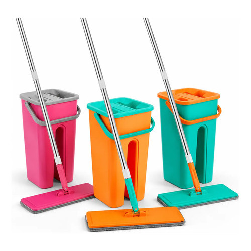 Mop Flat Balde Duplo 5L Com 2 Refis Microfibra Cabo Inox Limpeza Piso 3 Cores Casa Apartamento