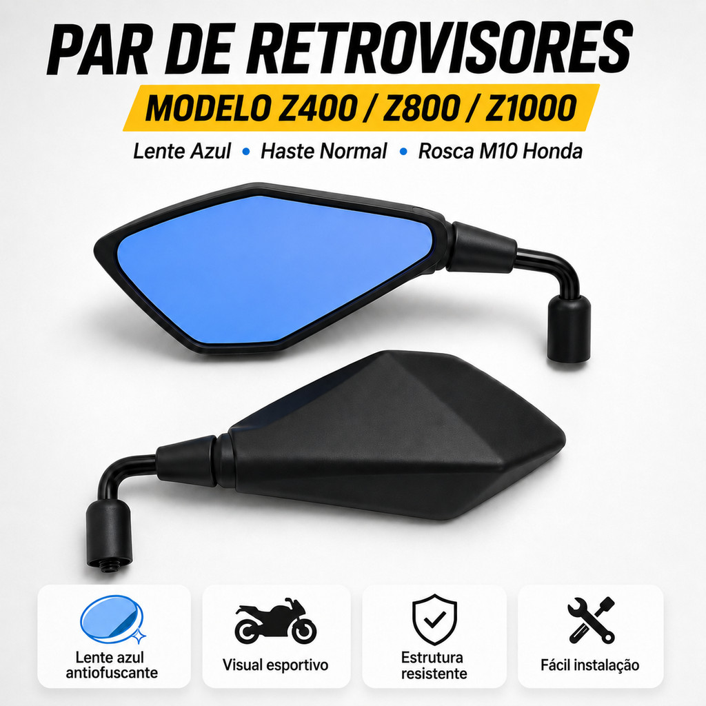 Par Retrovisor Kawasaki Z400 Lente convexa Azul Haste Normal Honda