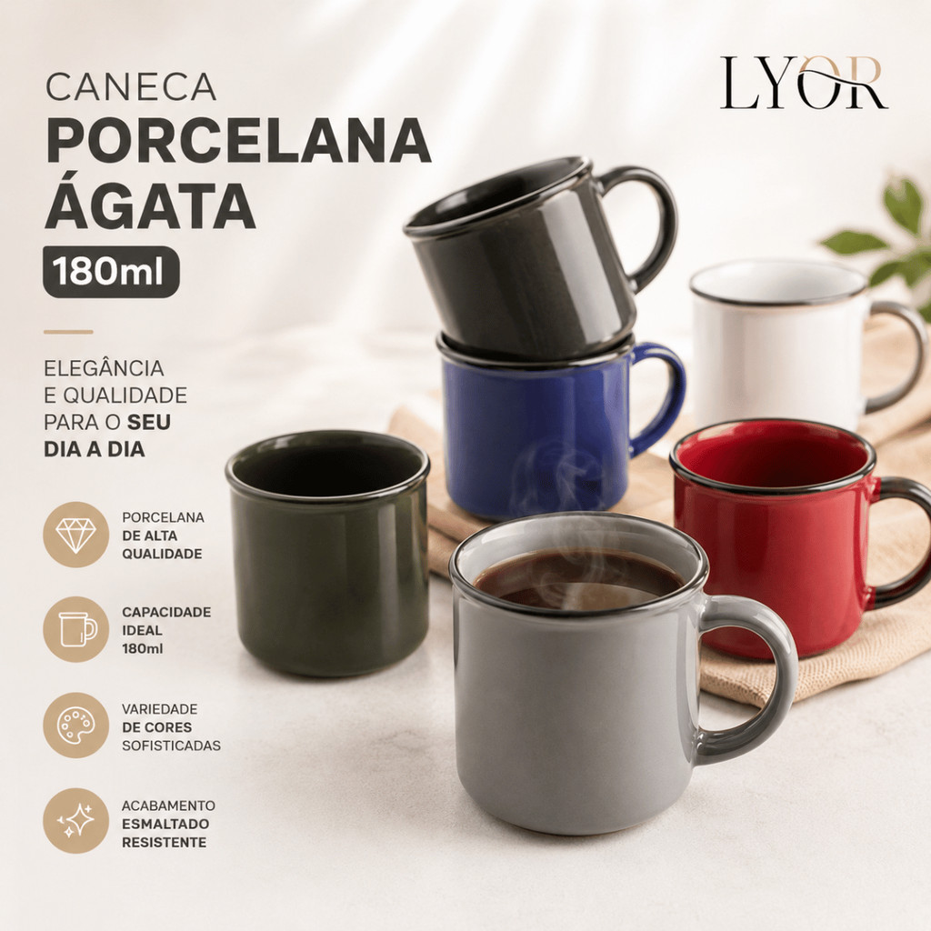 Caneca Xícara Porcelana 180ml Ágata - Lyor / Chá Café Mesa Posta Elegante Luxo Utensílio
