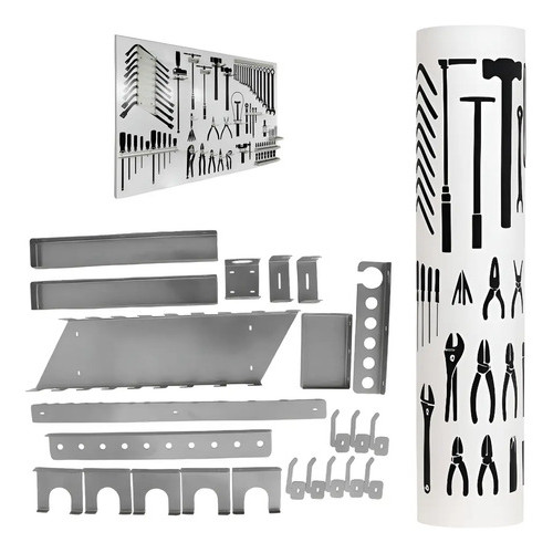 Kit Suportes Painel De Ferramentas C/ Adesivo Ferramentas Cinza