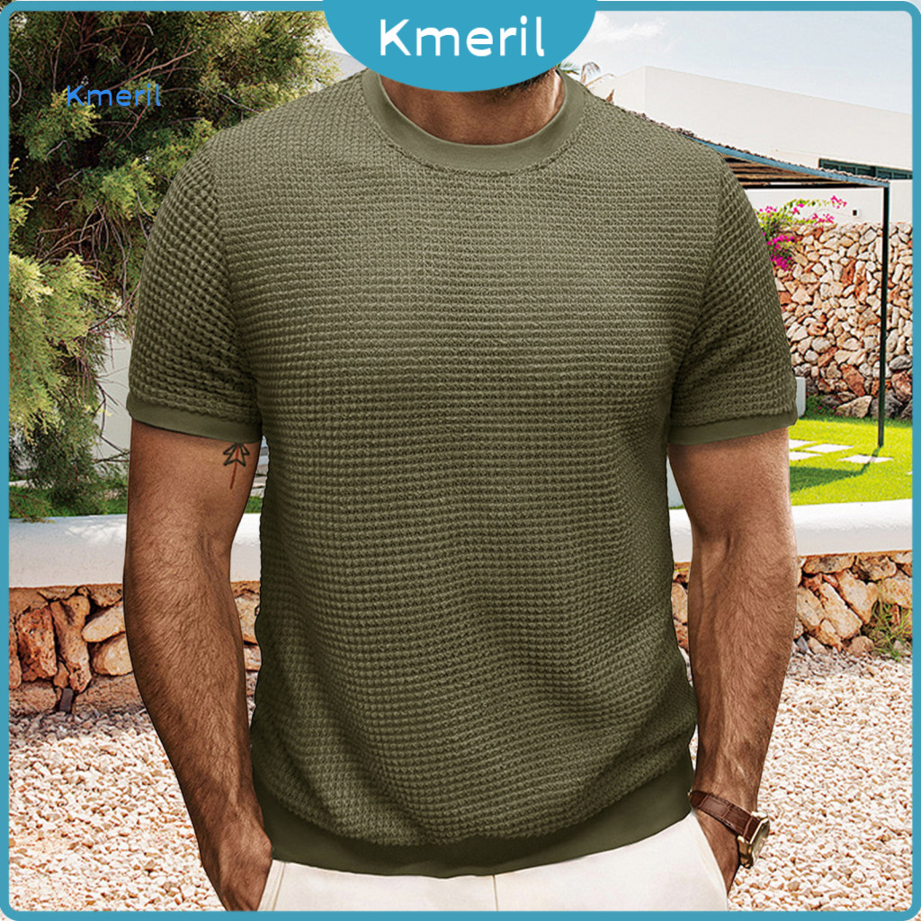Men Short Sleeves Top Summer Tops Men’s Slim Fit Ribbed Knit T-shirt Sleeve Casual Round Neck Pullover Lightweight Ela