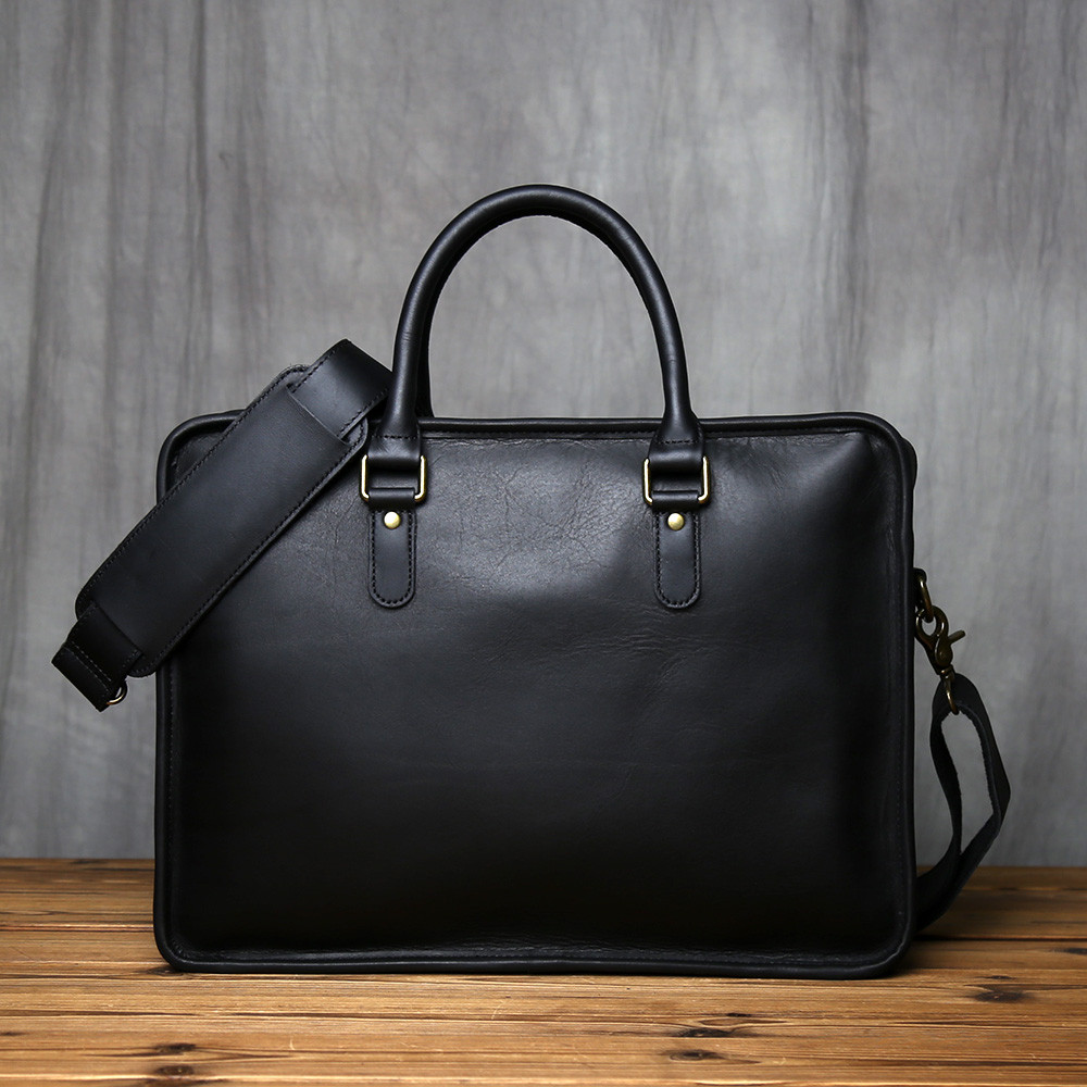 Pasta de couro genuíno estilo empresarial, bolsa mensageiro portátil masculina, preta, grande capacidade, bolsa de negóc
