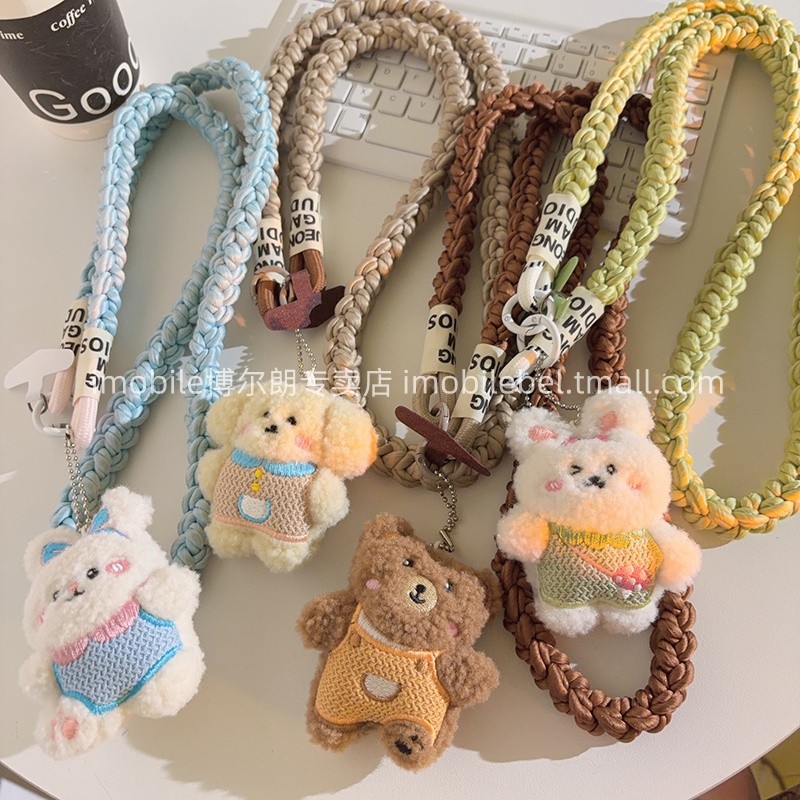 Suéter fofo coelho urso boneca de pelúcia pingente de telefone móvel corda trançada corrente suspensa capa de telefone d