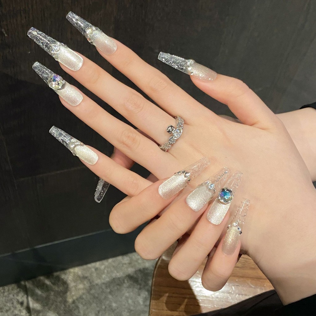 Unhas De Vidro Olho De Gato Cinza Prateado 10 Unidades De Falsas Feitas À Mão Com Design De Strass De Cristal