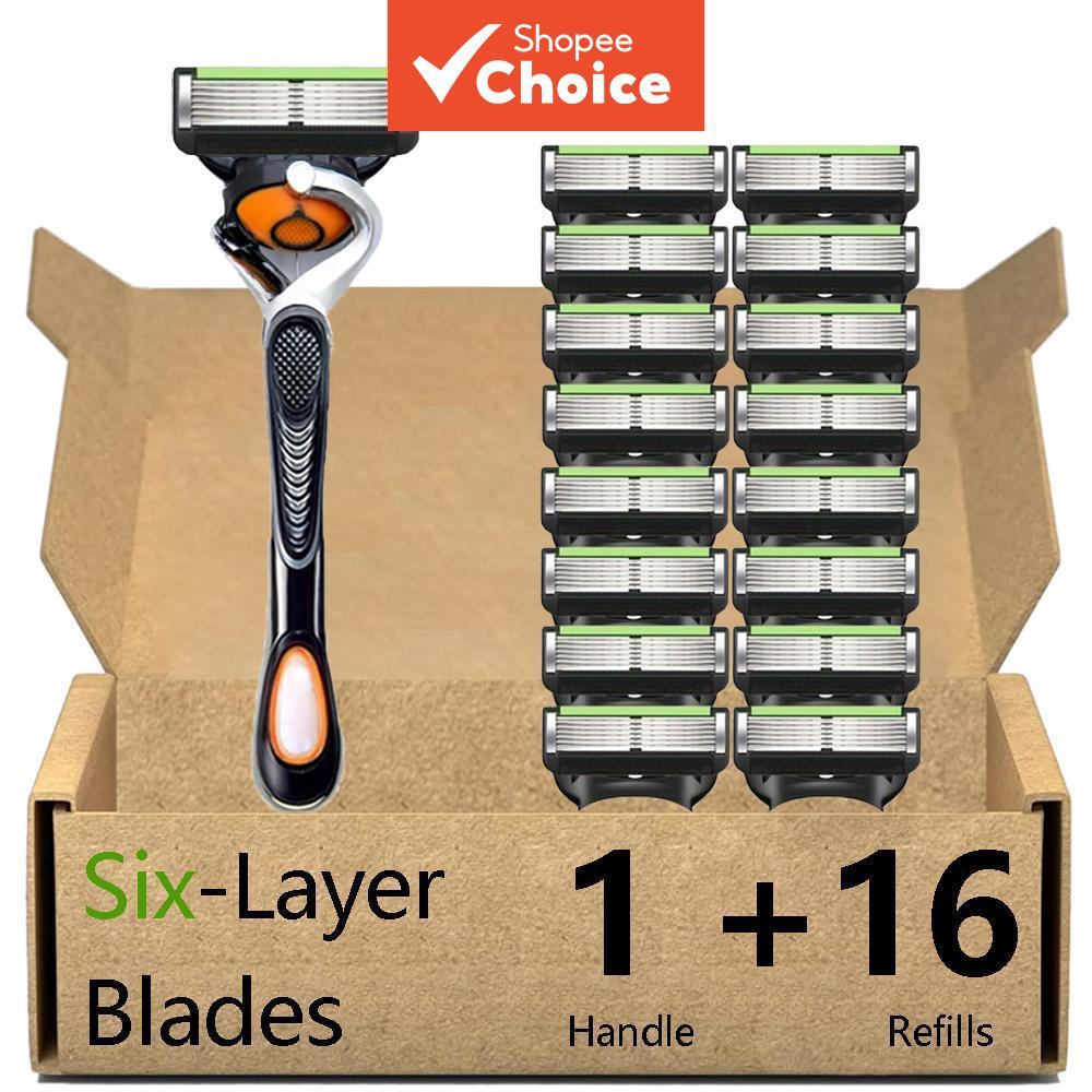Um clássico barbeador manual masculino para uso diário, com 1 cabo e 16 lâminas. Aparelho de barbear masculino com 6