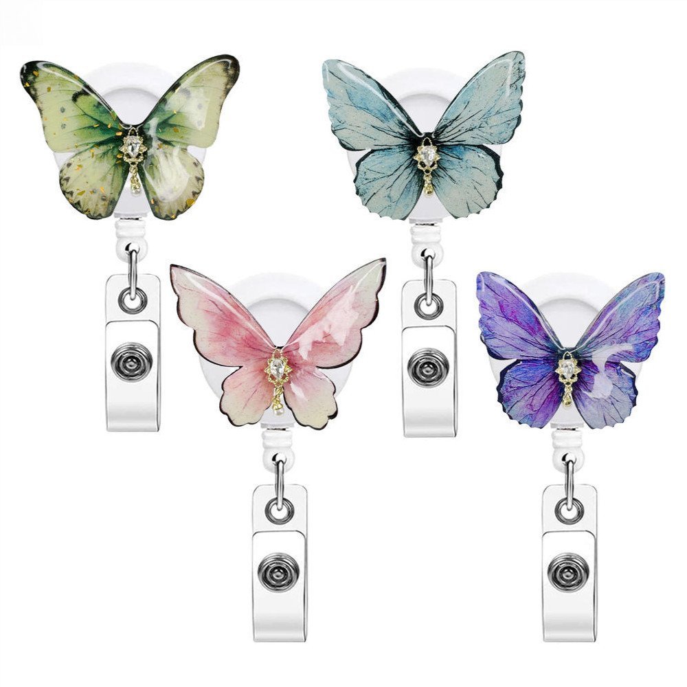 Porta-crachá retrátil estilo borboleta, porta-crachá de enfermeira com clipe, cordão de 25,6 polegadas, cartão.