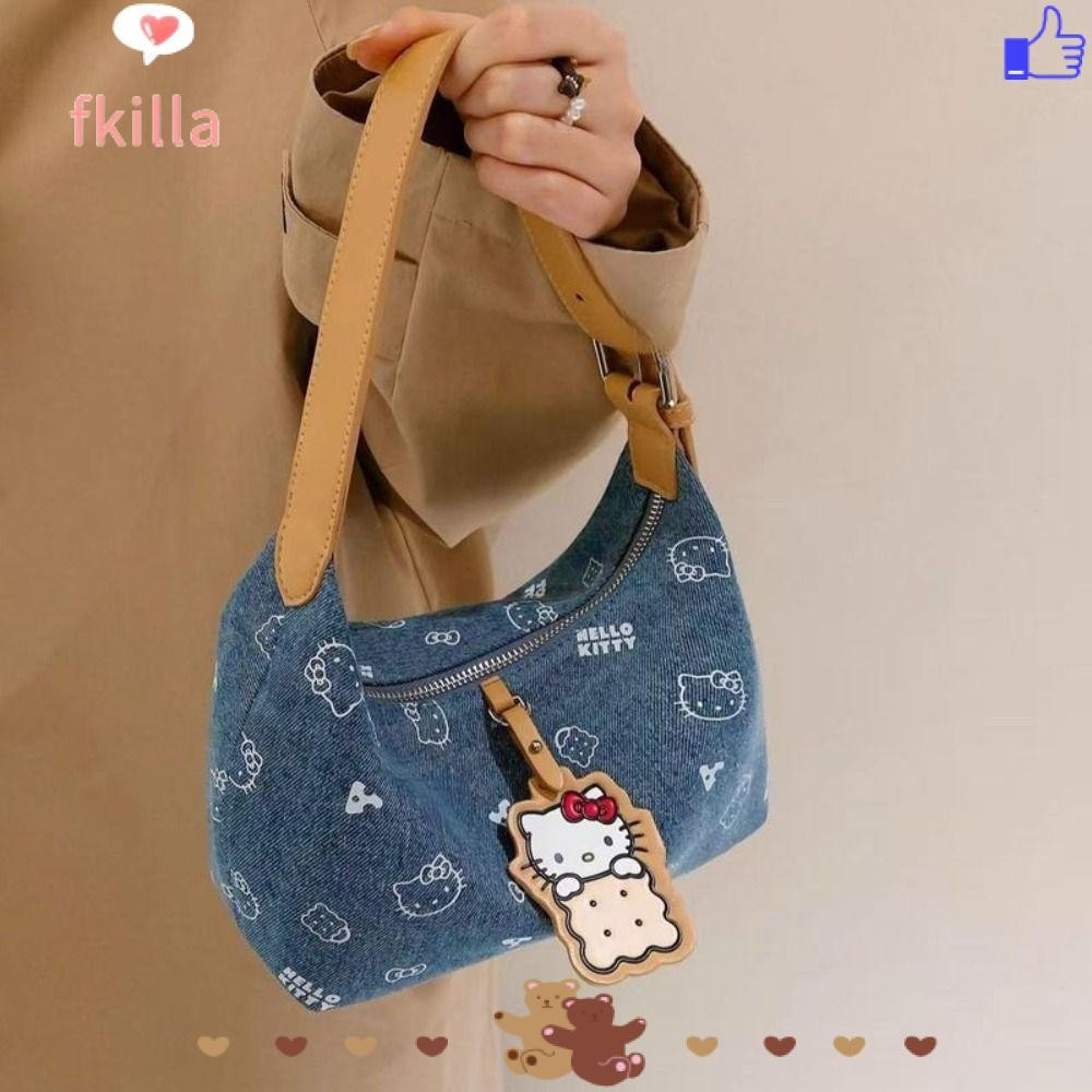 Bolsa de ombro FKILLA, bolsa transversal de jeans Hello Kitty, combinada com o acessório feminino Sanrio FXQE.