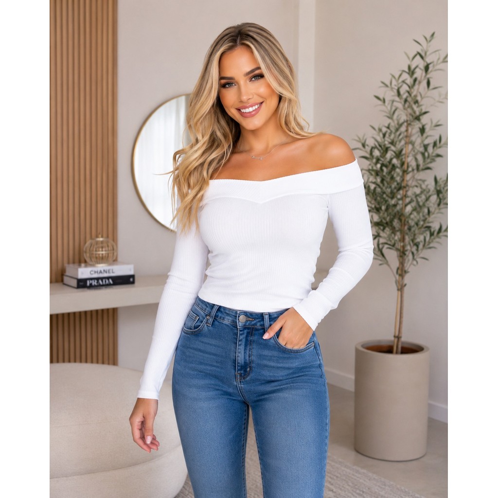 blusa feminina modelo ombro a ombro manga longa canelada elastano perfeita lançamento
