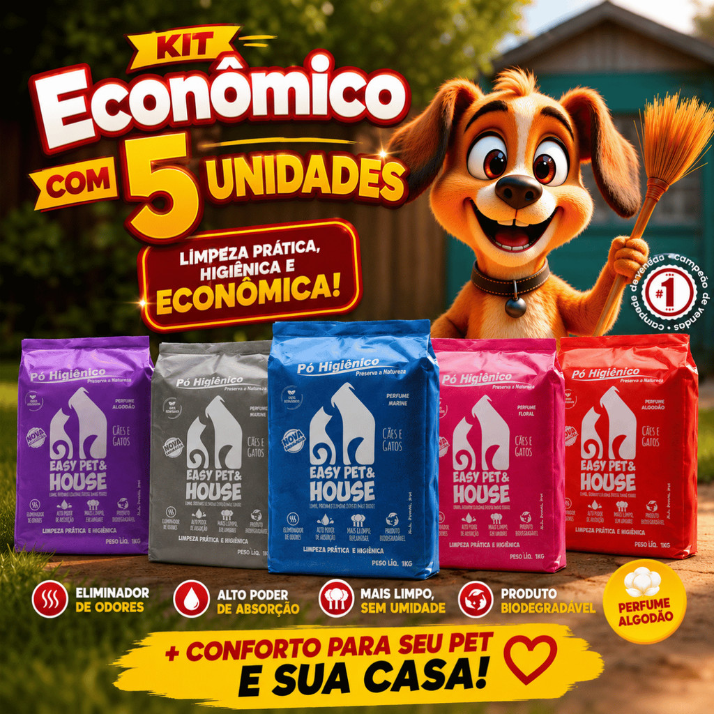 Kit c 5 Aromas Pó Higiênico Easy Pet Eliminador de Odores Caixa de Areia e Seca Xixi Cães e Gato