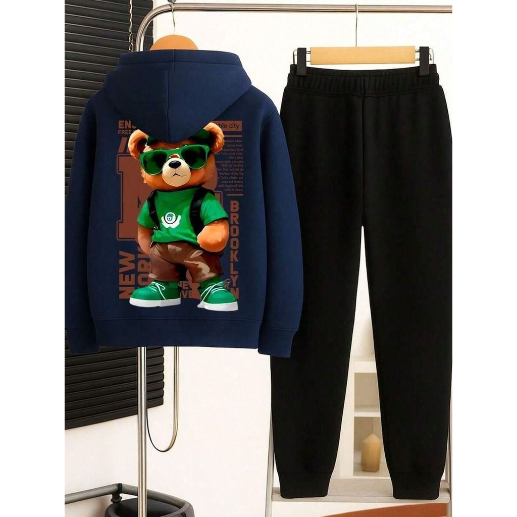 Conjunto Moletom Infantil Algodão Blusa de Frio Canguru Calça Blusao Premium Com Capuz Urso Cartoon