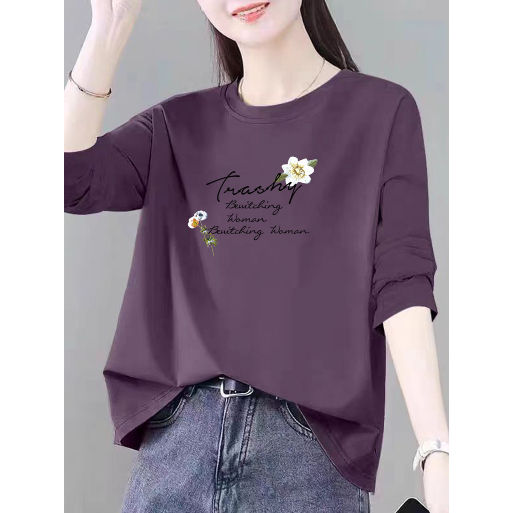 Etiqueta de corte de exportação de comércio exterior moda puro algodão manga comprida camiseta feminina primavera outono