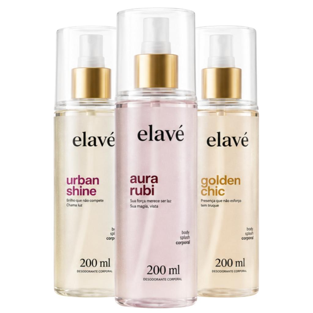 Kit Elavé Trio Body Splash Feminino Urban Shine + Aura Rubi + Golden Chic 200ml