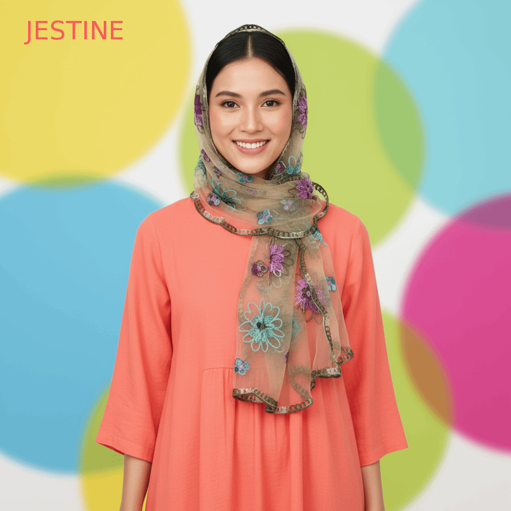 JESTINE Floral Headwrap , Xale Transparente Translúcido Respirável , Estola De Malha Leve Bordada E Adequada Para A Pele