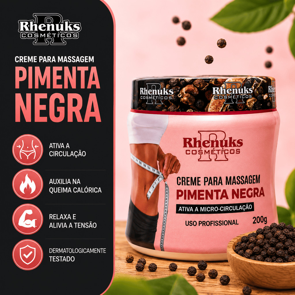 Creme Pimenta Negra Rhenuks 200g Massagem Modeladora Redutor De Medidas