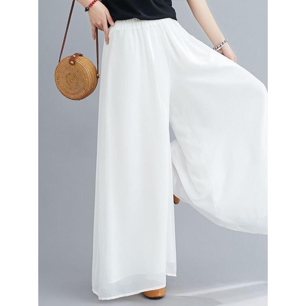 Branco chiffon largo Zen elegante chiffon Culottes Drape Yoga dança elástica cintura alta dupla camada roupas conjunto d