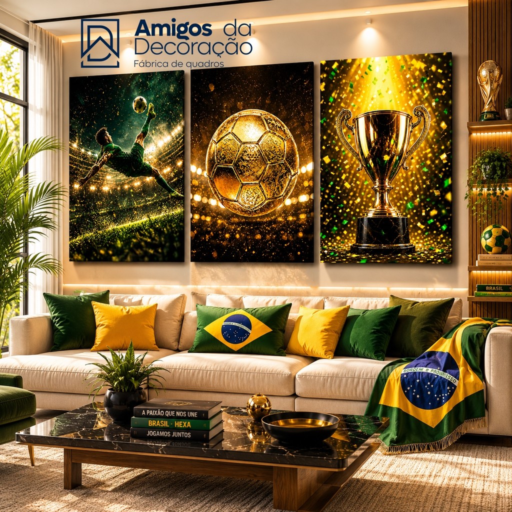 Kit 3 Quadros Futebol Brasil Copa Do Mundo Decorativo Sala Gamer Quarto Torcedor Bola Troféu Sem Moldura MDF Premium