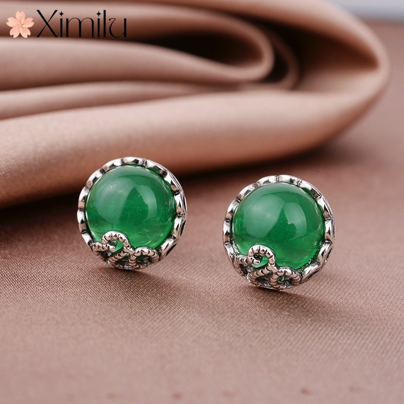 ♥ Requintado simples de duas cores Retro Natural verde Jade brincos moda feminina brincos de ágata vermelha