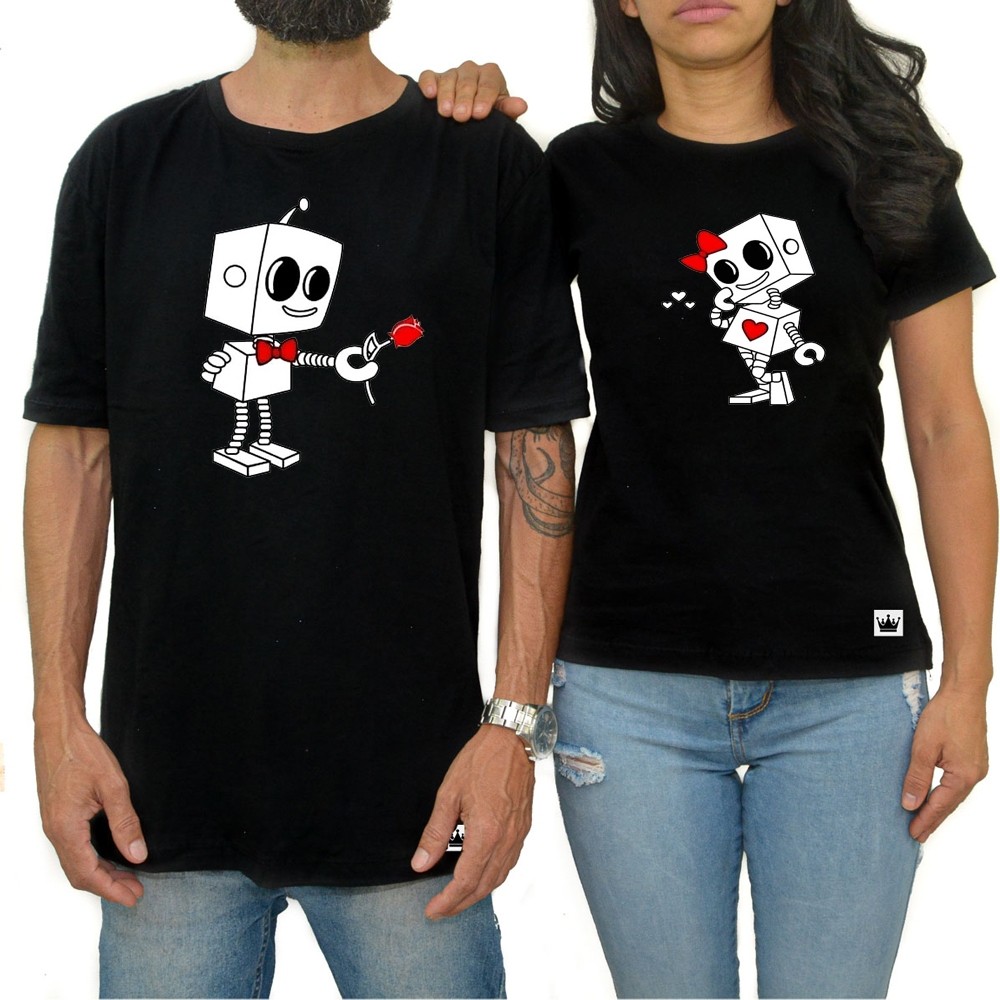 Kit 2 Camiseta Casal Dia Dos Namorados Estampa Casal Robô Flor Apaixonado Love Amor