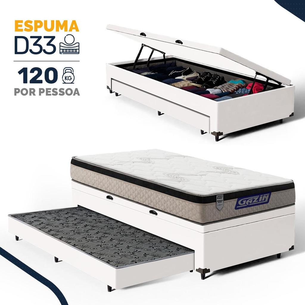Cama Box Baú com Colchão Gazin de Espuma D33 Pillow In Force MID + Auxiliar de Espuma Solteiro 88cm
