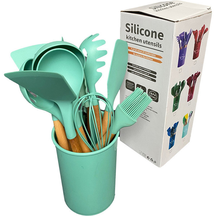 Conjunto de 12 utensílios de cozinha de silicone com balde de armazenamento de nylon, espátula de silicone com cabo de m