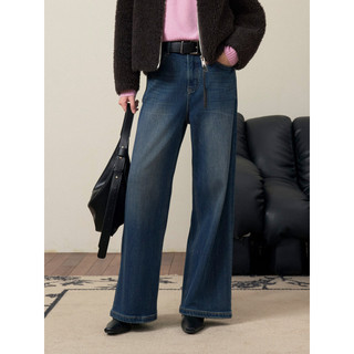 CLMX Lyocell + Algodão Mistura Fina Mais Amigável à Pele Confortável Retro Solto Jeans de Perna Larga/com Cinto de Fivel