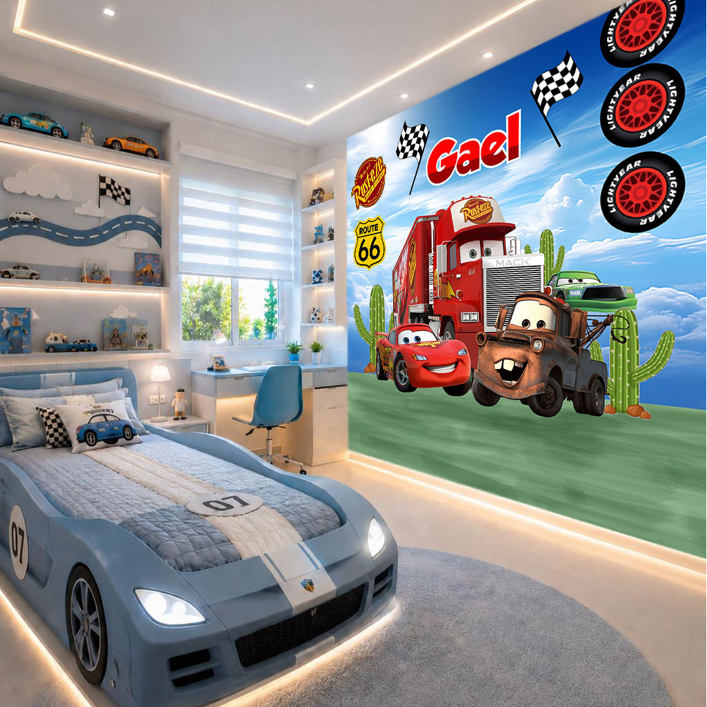 Papel de Parede Para Quarto de Menino Carros Relampago Macqueen + Nome Personalizado