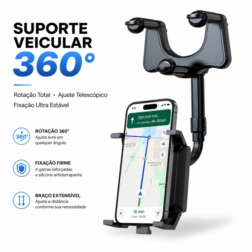 🚗 Suporte Celular Carro Retrovisor 360° Ajustável GPS Universal Anti Vibração  