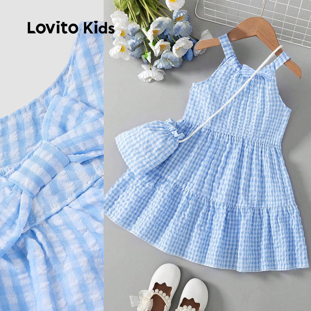 Lovito Kids Casual Vestido Fofo com Laço Primavera/verão Azul para menina L162LD192