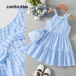 Lovito Kids Casual Vestido Fofo com Laço Primavera/verão Azul para menina L162LD192
