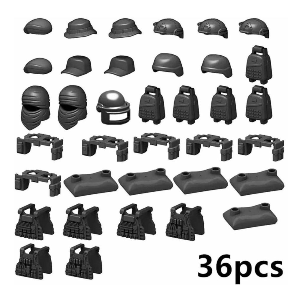 Blocos De Montar Kit 36 Capacetes Coletes Acessórios Preto Swat